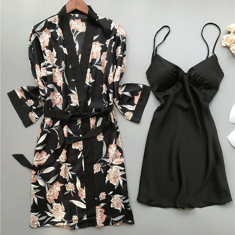 

Twinset Robe Set Summer Female Print Sleepwear Lingerie Womens Kimono Bathrobe Gown Suit Women Satin Nightgown Home Clothes