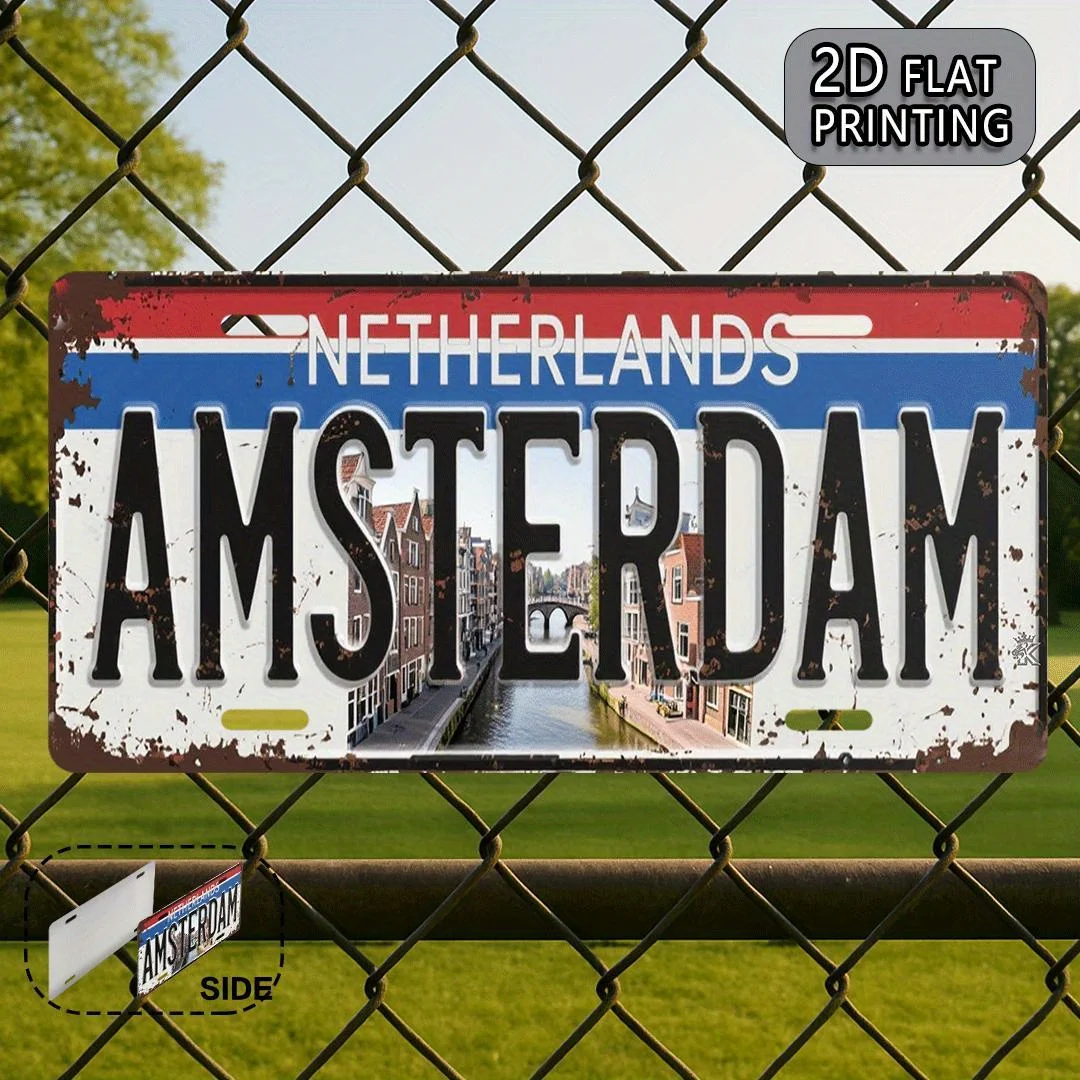 2D Flat, 1pc Amsterdam Netherlands Vintage Metal Aluminum Sign - 30.23x15.24 cm Rustic Wall Decor with Dutch Canal Scene, Perfec