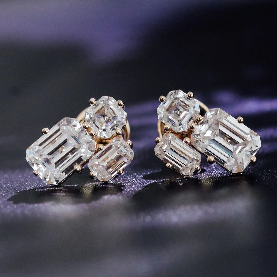 Provence 14K Yellow Gold Moissanite Stud Earrings for Women Emerald Cut D Color Butterfly Back Custom Earrings Fine Jewelry
