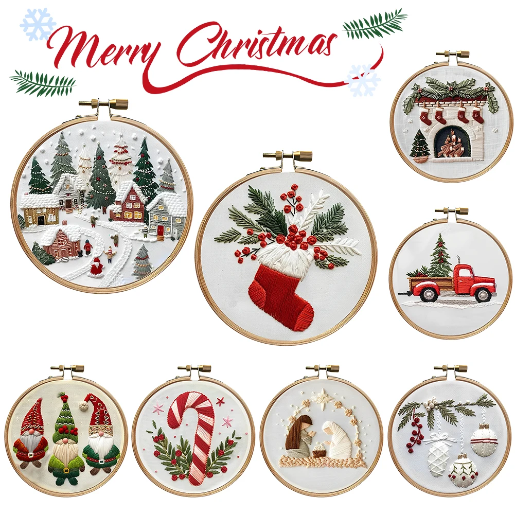 Kit de broderie au point de croix de Noël pour débutants, comprend des fils de gril de cerceau, artisanat d'art de couture fait à la main, bricolage