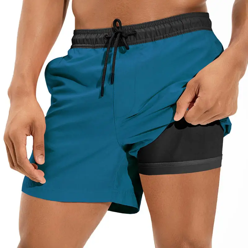 Gailang-bañador de secado rápido para hombre, traje de baño 2 en 1 con forro de compresión, pantalones cortos con bolsillos y cremallera, tabla de playa