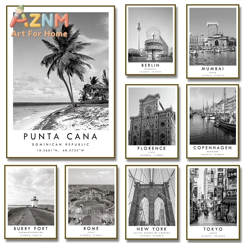 Famous Cities Rome Punta Cana Florence Berlin NewYork Poster Black and White Travel Wall Art Canvas Painting Prints Home Deco