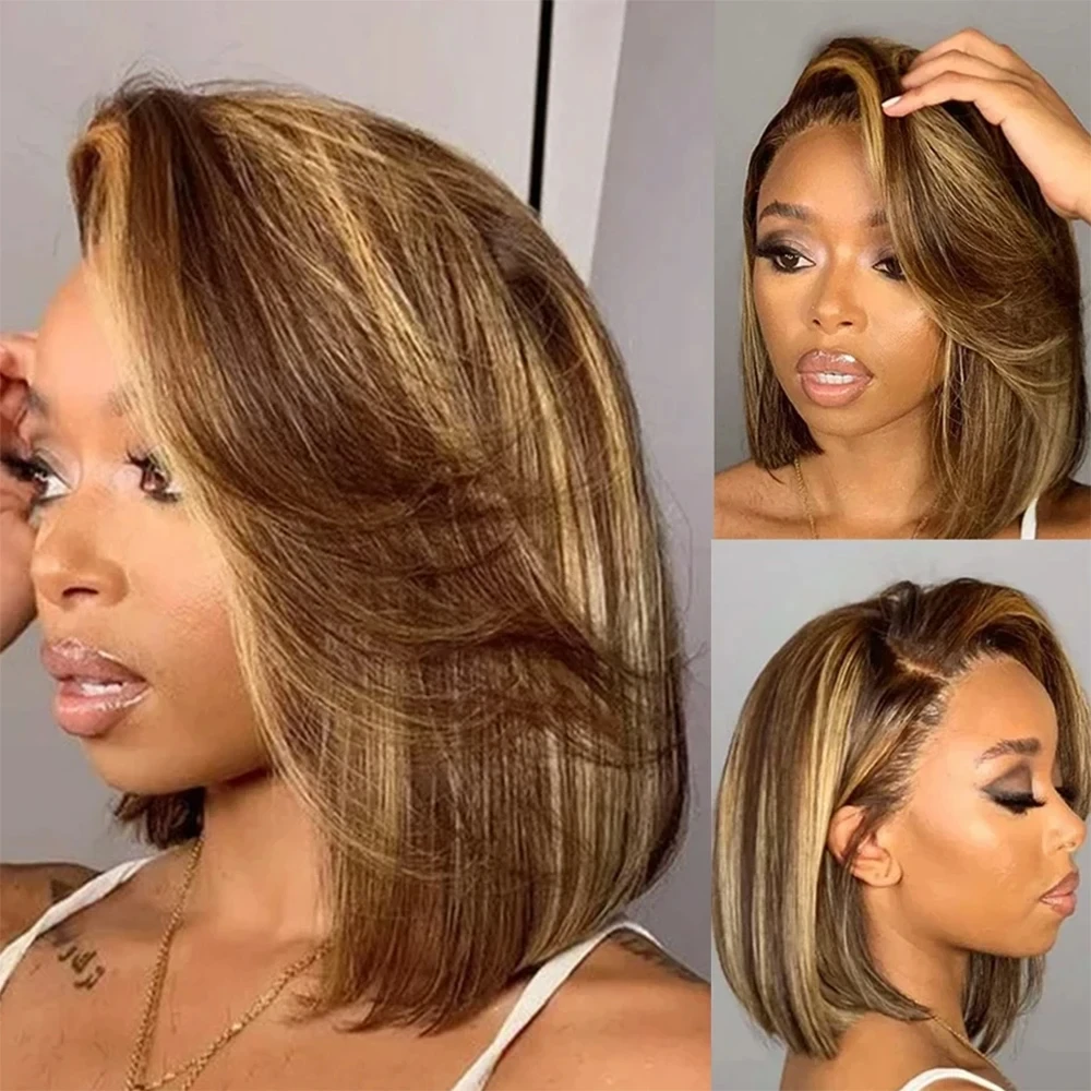 

Highlight Brown Bob Wigs Short Straight 13x4 Free Part lace Human Hair Wig For Women Pre Plucked Brazilian Piano Colored 4/27