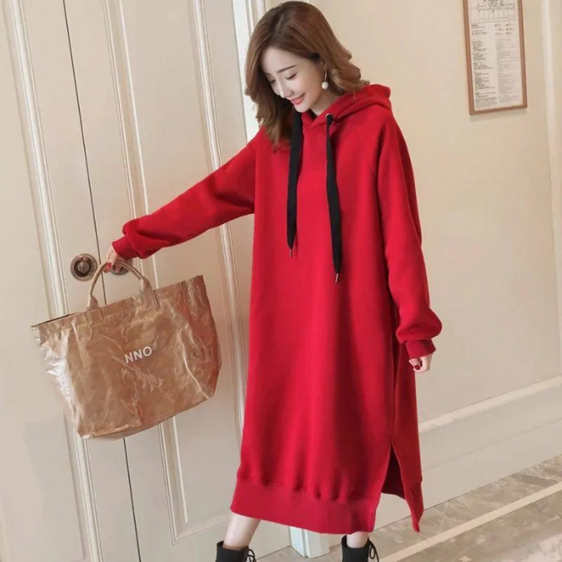 Women Autumn Winter Loose Black Hoodie Dresses New Korean Thick Velvet Long Sleeve Red Medium Length Dress Temperament Commuting