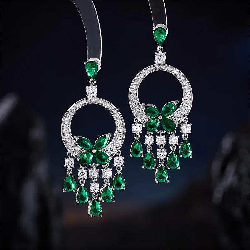 

Luxury Cubic Zirconia Sterling Silver Pin Green Butterfly Tassel Dangle Earrings for Women Wedding Engagement Party Jewelry