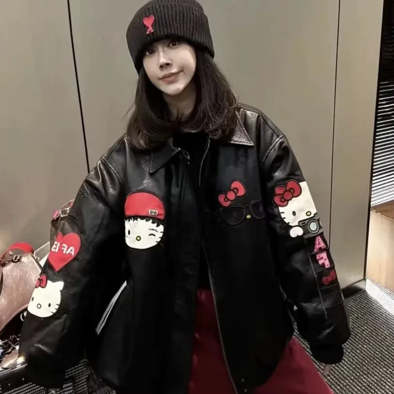 

High Quality PU Kpop Loose Fashion Varsity Jacket Cartoon Hello Kitty Embroidery Color Blocked Black Leather Jacket for Women
