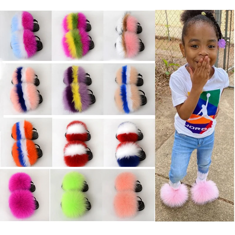 2024 New Children\'s Sandals Really Fox Fur Slippers Plush Really Raccoon Fur Children\'s Slippers Fashion EVA Girl Flat Bottom