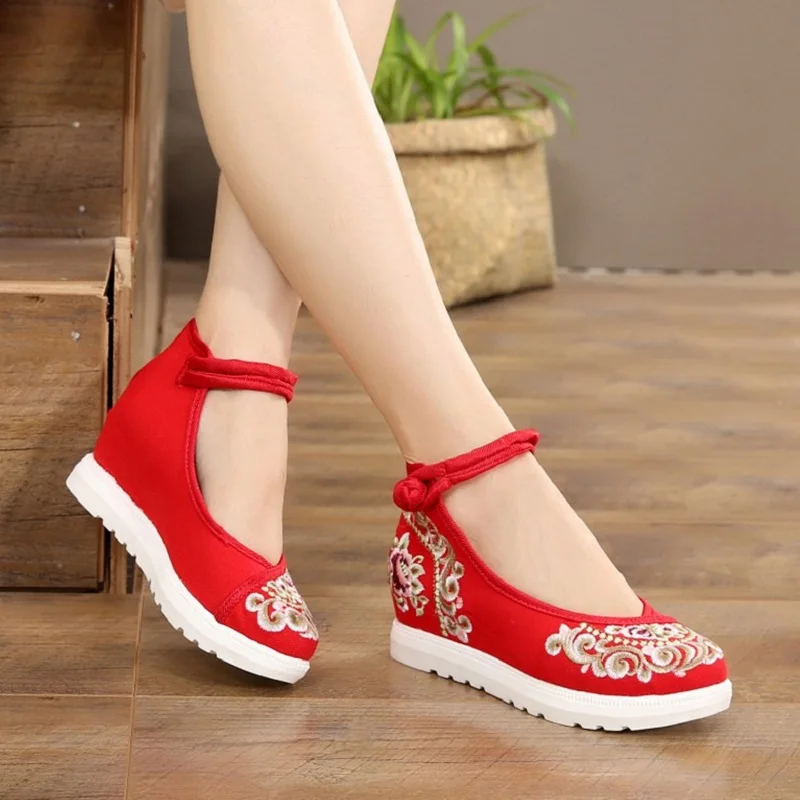 Comemore donne tela altezza crescente cinturino alla caviglia primavera autunno stile cinese ricami Vintage zeppe tacchi scarpe con fibbia da donna