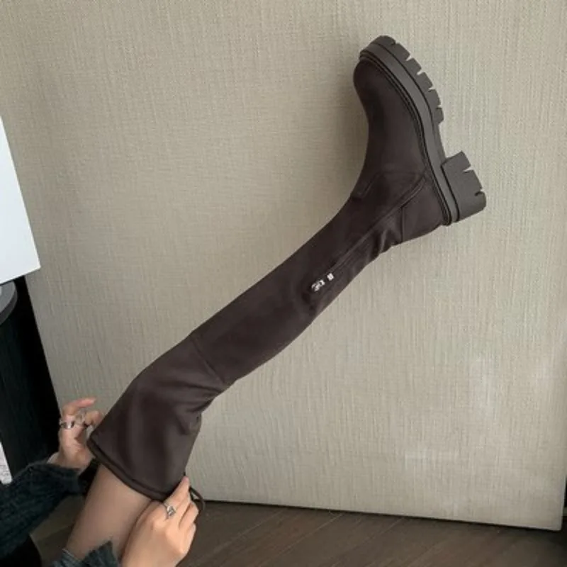 Thick Bottom Over The Knee Elastic Boots Female 2023 New Autumn Winter Thick Heel Suede Skinny Boots Strap Thigh-high Long Botas