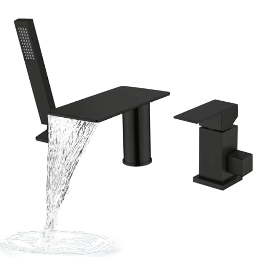 

Roman Tub Faucet with Hand Shower, Matte Black Deck Mount Waterfall Tub Faucet High Flow 3 Hole Bathtub Faucet Set for Modern B