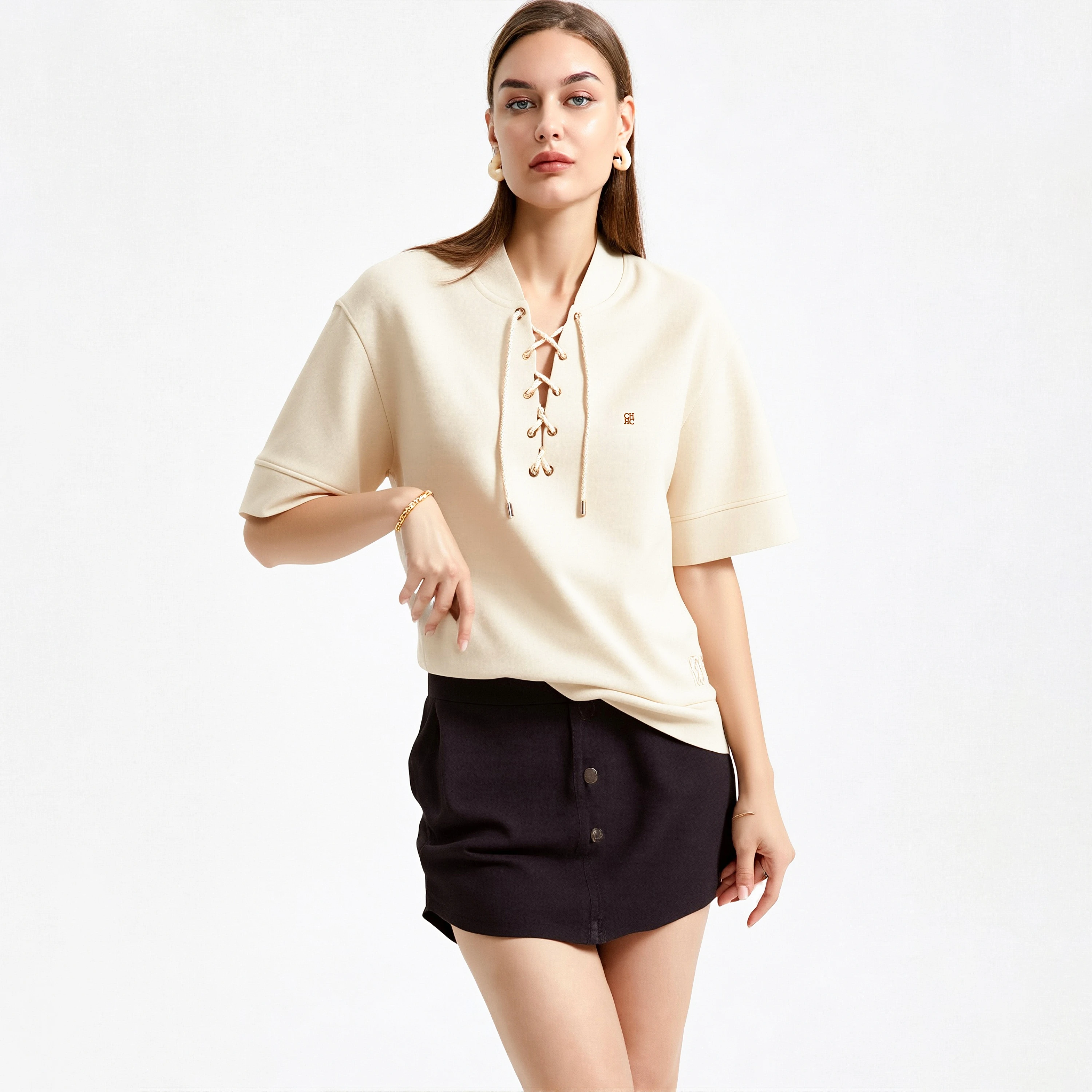 Women's T-shirt new beige minimalist V-neck top