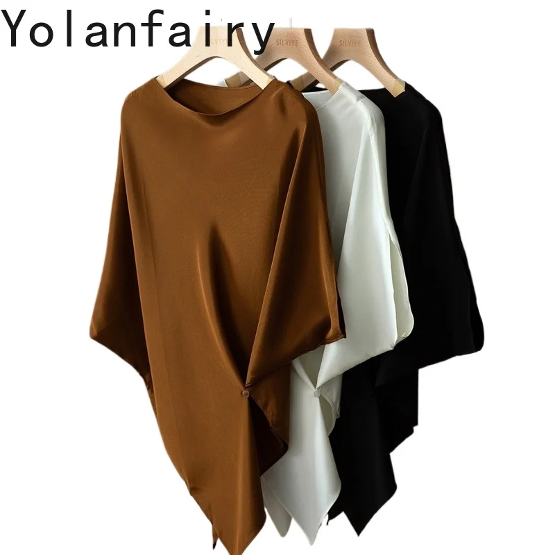 YOLANFAIRY 26 Momme 92% Mulberry Silk Crepe De Chine Blouse for Women Elegant Asymmetrical Hem Short Sleeve Versatile T-shirt
