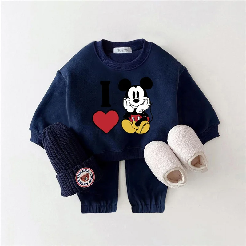 2024 Warm Fleece Mickey Mouse Clothes Set for Kids Autumn Winter Cartoon Long Sleeved Top + Pant Toddler Boy Girl Tracksuit