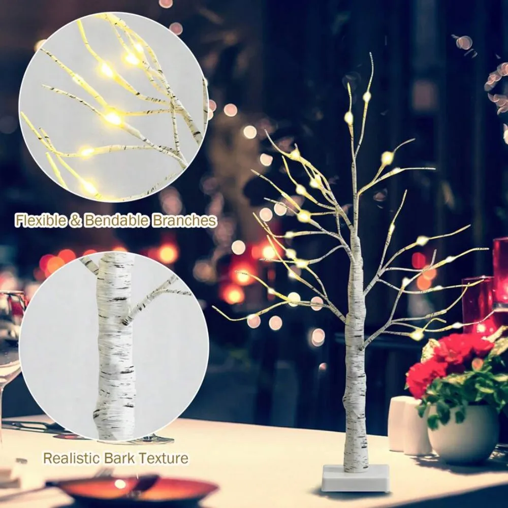 24LED White Birch Tree Table Lamp, 3AA Battery Powred Branch Bonsai Light for Bedroom Desk Living Room Wedding Home Decor