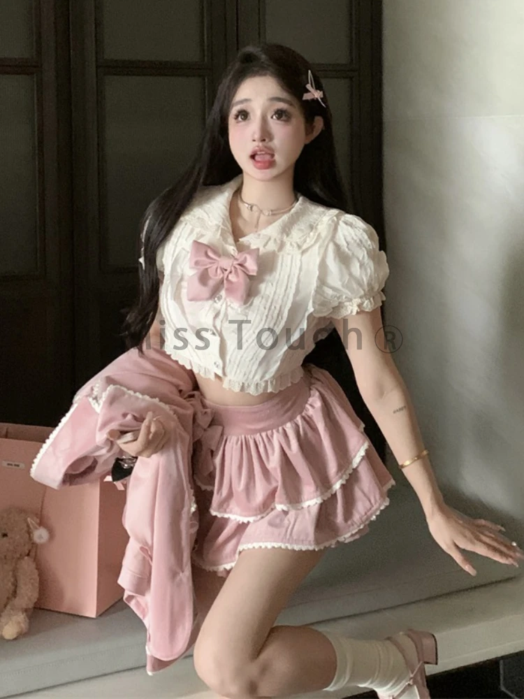 Pink Elegant Preppy Style 3 Piece Set Women Bow Korean Style Sweet Mini Skirt Female Cute Coat＋Casual Vest＋Chic Mini Skirt 2023