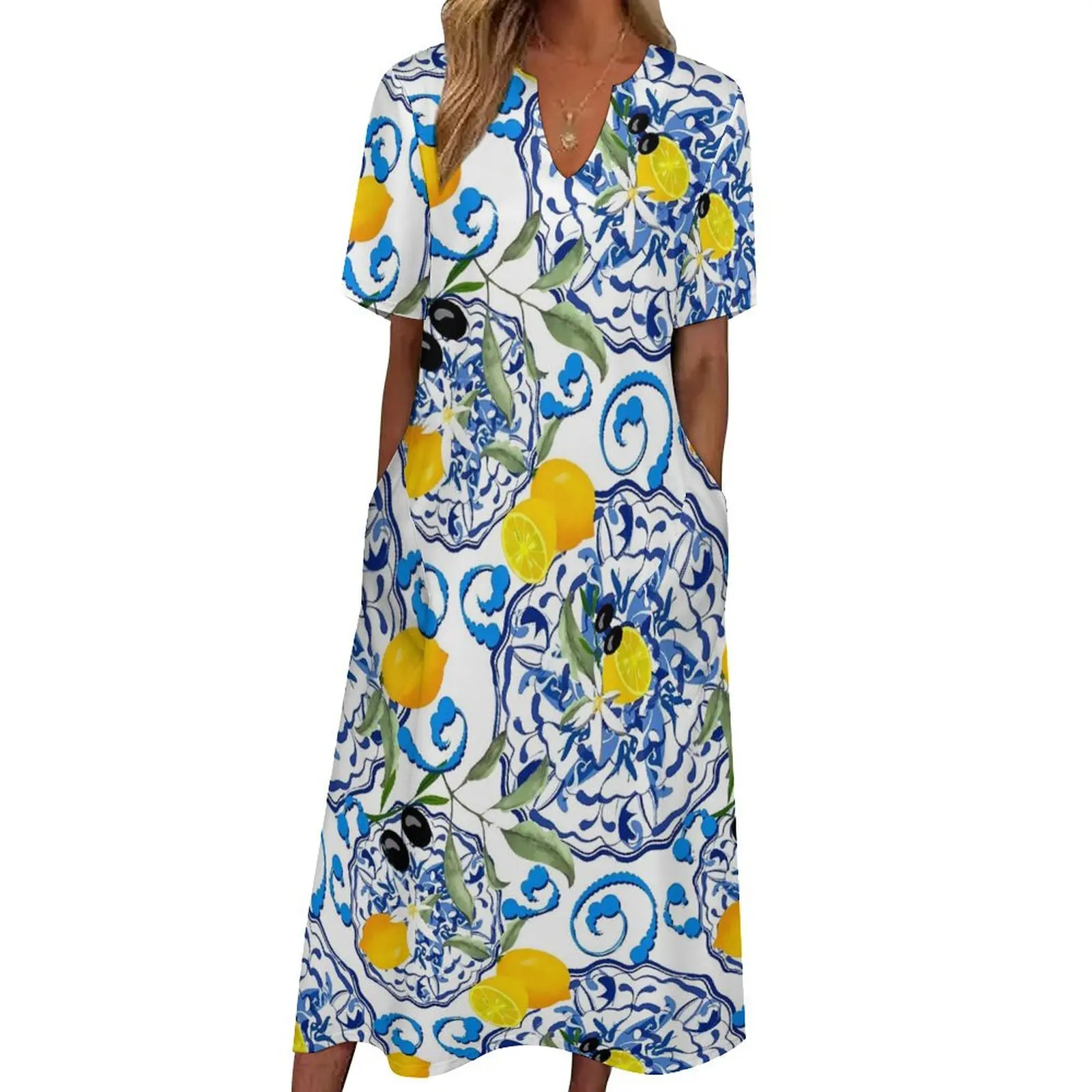 

Retro Blue Flower Dress Lemon Fruit Elegant Maxi Dress Streetwear Casual Long Dresses Summer V Neck Custom Vestido Big Size 4XL