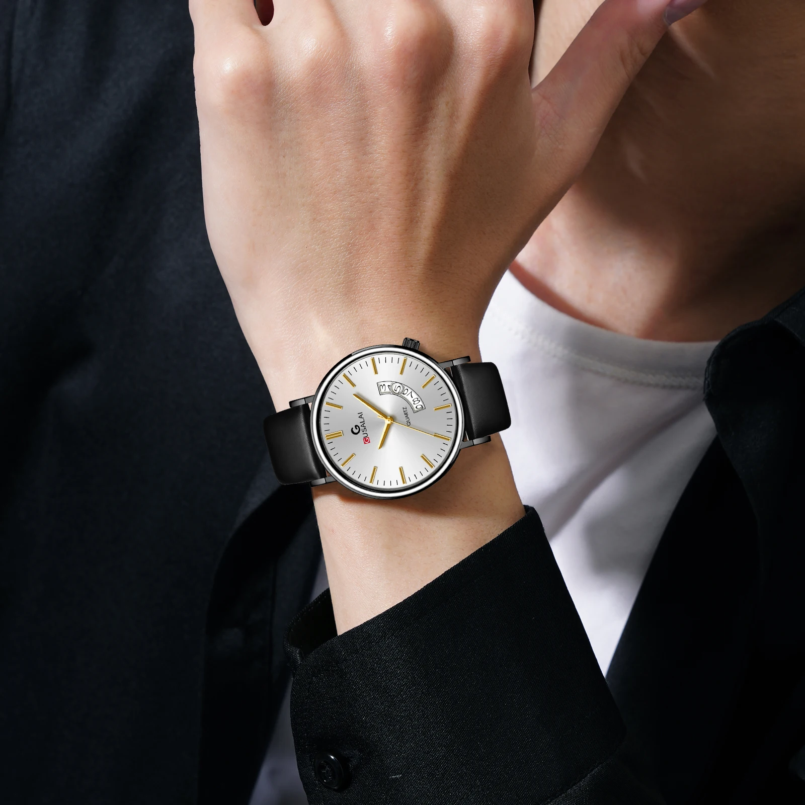 Minimalist นาฬิกาผู้ชายควอตซ์หนังสีดํา Casual นาฬิกา 41 มม. ปฏิทินธุรกิจผู้ชายนาฬิกาข้อมือ reloj hombre