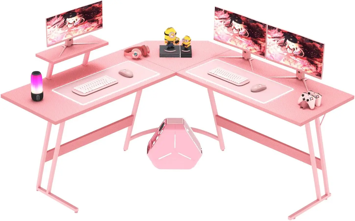 L Shaped Gaming Desk Computer Desk PC Gaming Table with Large Monitor Riser Stand for Home Office Sturdy (Pink/Black, 58 In)