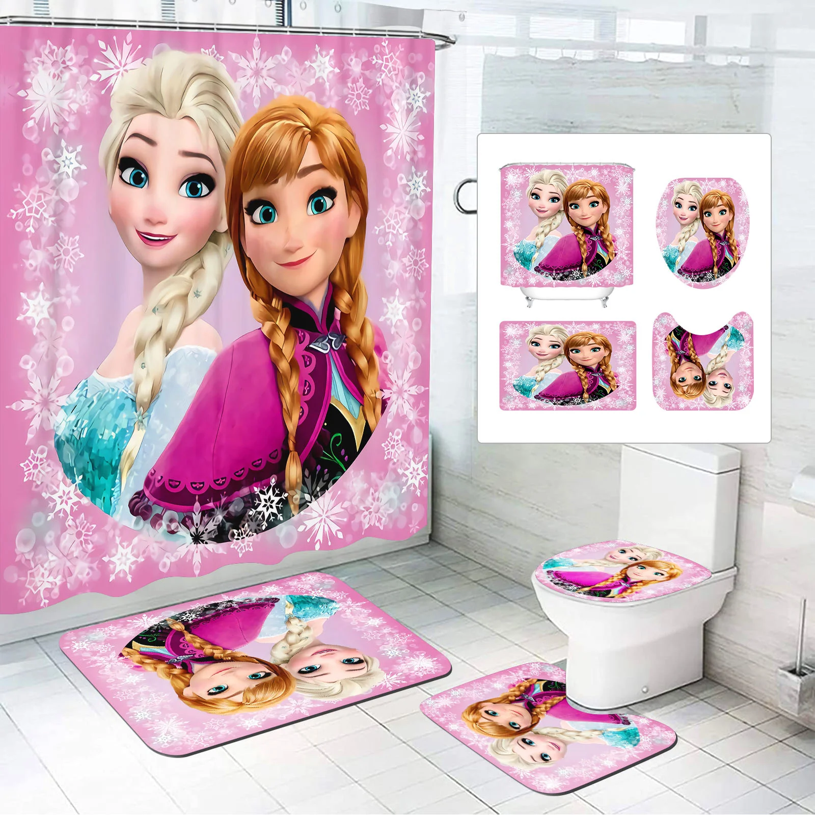 Christmas Gifts Frozen Princess 4 Piece Bathroom Accessories Set Mats And Shower Curtain Sets Luxury Waterproof Anime Home