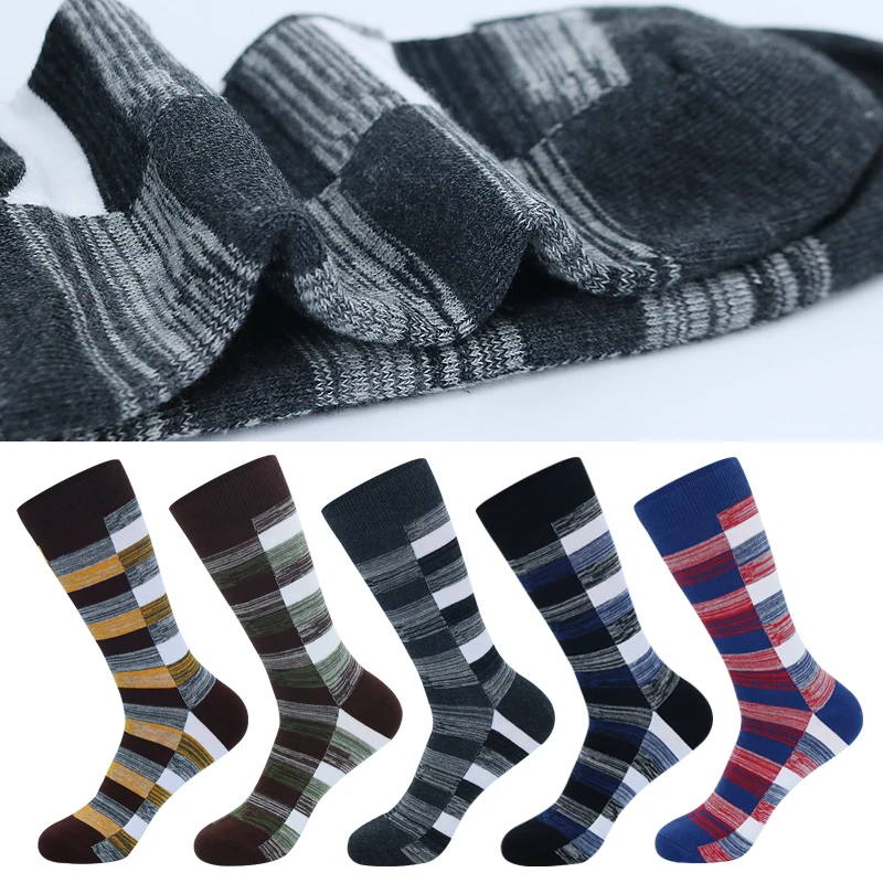 5 Pairs Mens Dress Socks stripe Plus Size,High Quality Combed Cotton Crew Socks,Black Cool Breathable Casual Socks for men