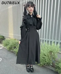 Spring Autumn New Japanese Rojita Off-Shoulder Big Bow Long Dress Slimming Waist Long Sleeve Stand Collar Girl's Maxi Dress