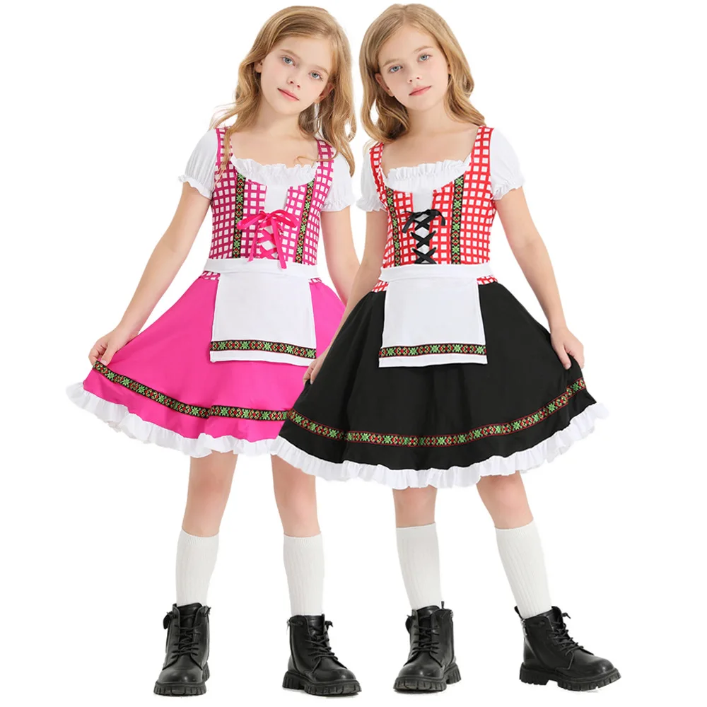 Black Pink Plaid Bavarian Traditional Sweet Pastoral Style Puff Sleeves Tulle Dress Holiday Oktoberfest Party Role Play Clothing
