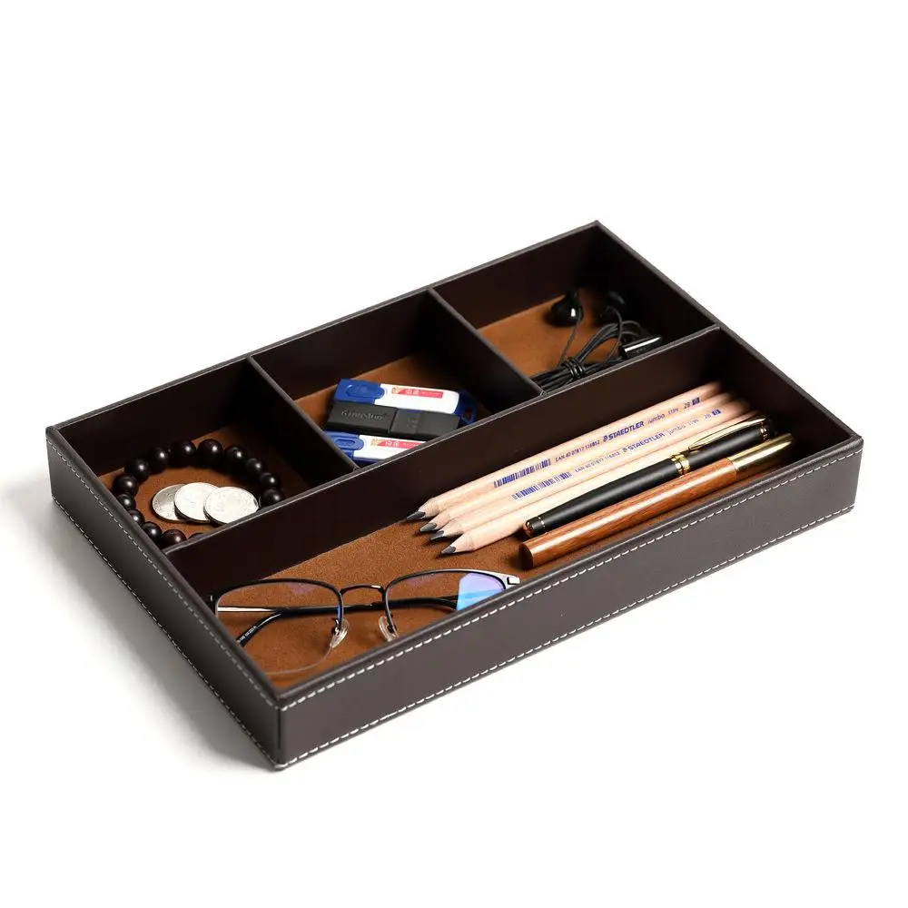 

Creative Multi-Functional Office Supplies Coin Storage Tray Entrance Way Key Holder Desk Organizer Leather Storage Box