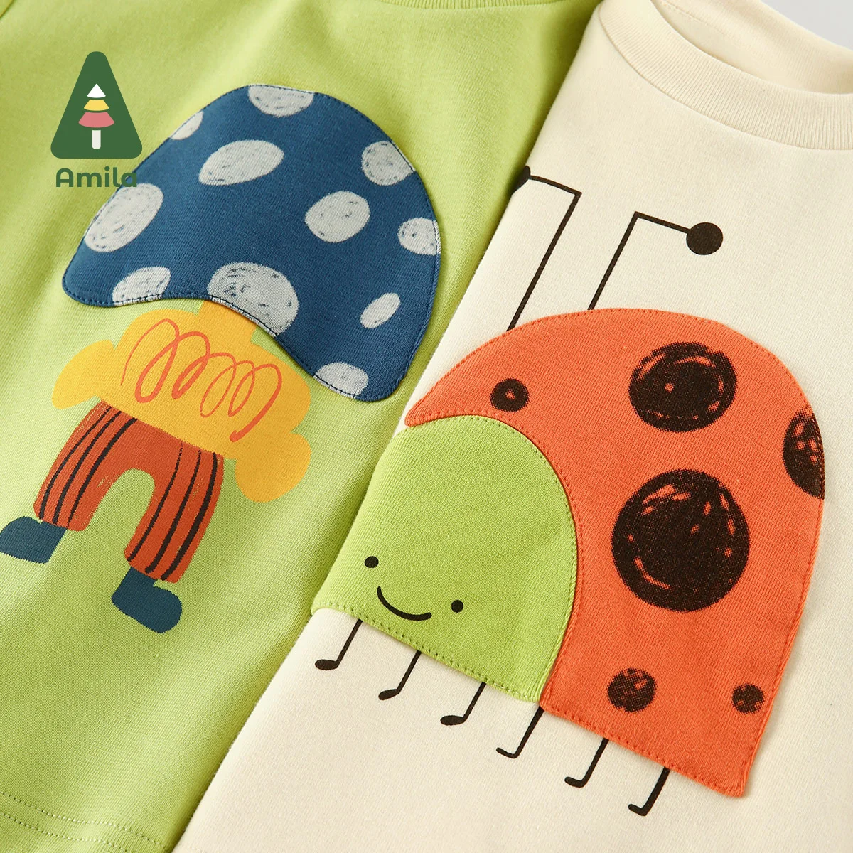 Amila Baby T-shirt 2023 Spring New Long Sleeves Cute Cartoon Print 100% Cotton Kids Tops Children\'s Clothing Tees 0-6 Years