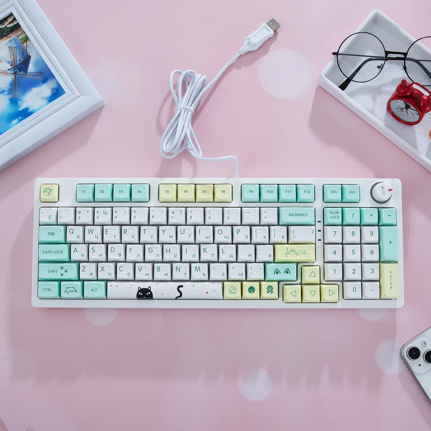 MAIMOOO-Cat Tema Keycaps para Teclado Mecânico, Russo, 6.25U, PBT, Sublimação Dye, XDA, Bonito, MX Switch, 131 Chaves