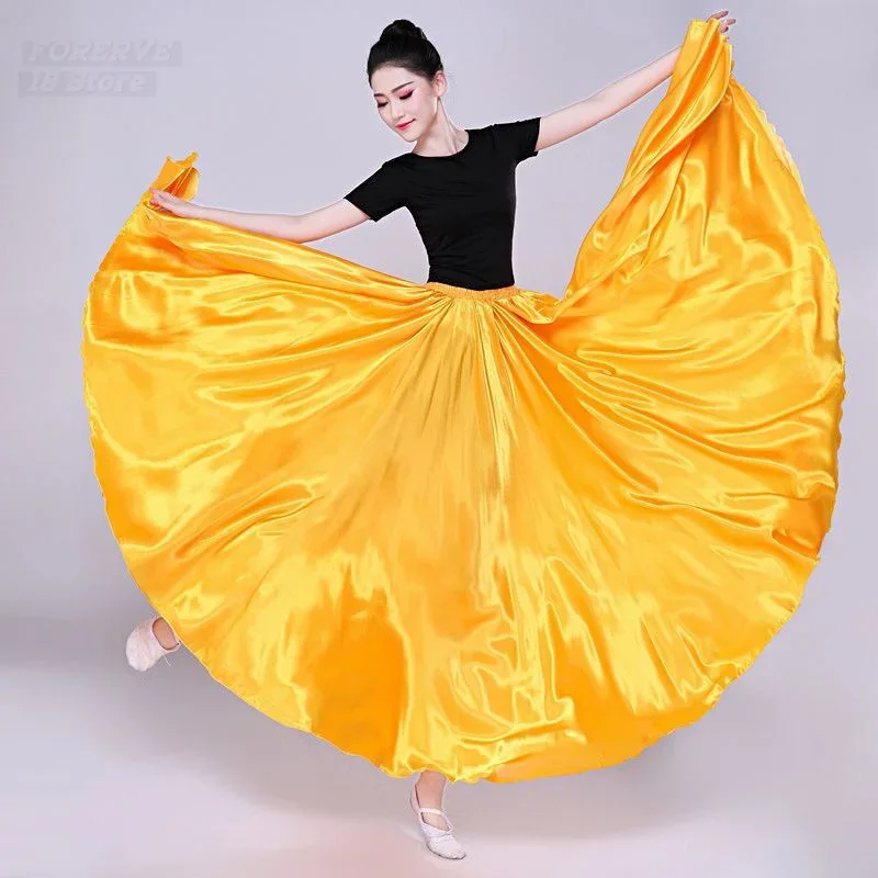 

Gypsy Long Skirts Women Yi and Uyghur Tibetan Dance Performance Costumes Dancer Solid Color Purple Gold Dance Satin Skirt