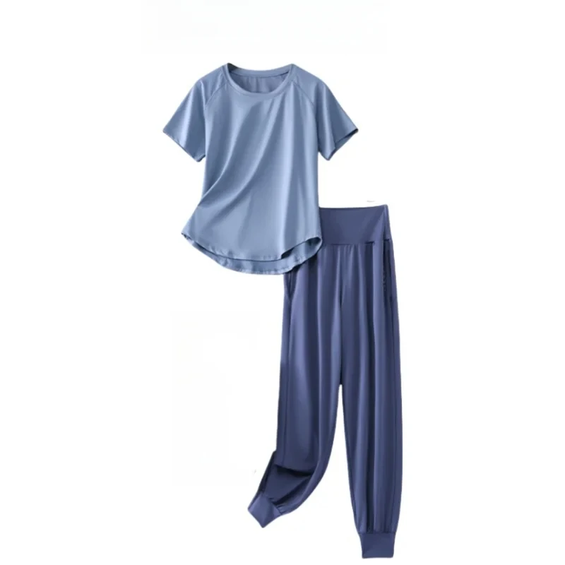 

DRUR S-4XL Yoga Set Women Sport Shirts Gym Pants Set 2 Piece Short Fitness Tops Sweatpants Suit Female Summer Sportswear Outfit