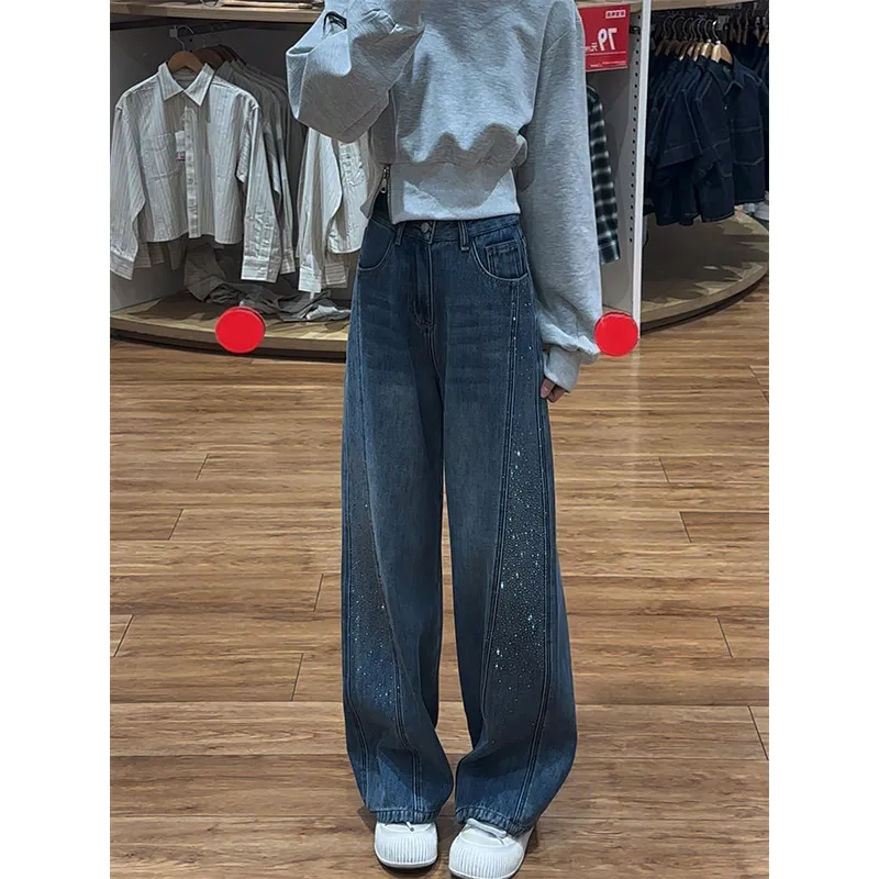 

Blue Wide Leg Loose Fit Diamond Embellied Women's Jeans High Waist Spring 2026 New Design Casual Comfortable High Street Sle