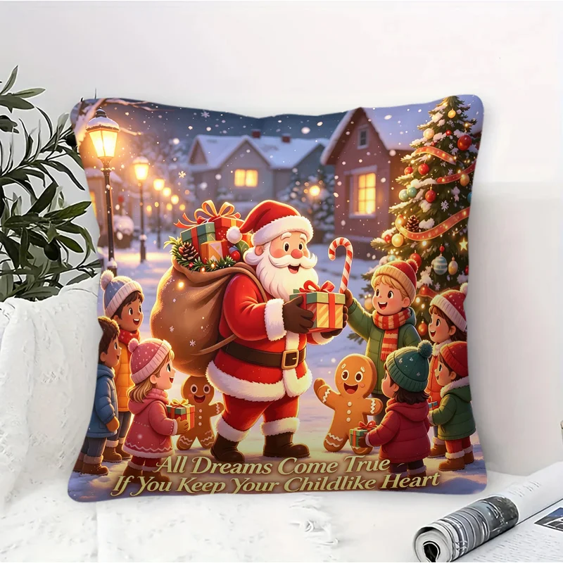 1Pcs 45cmx45cm Christmas Throw Pillow,Polyester,Fade‑Resistant,HD Print,Santa Claus Gingerbread Man Winter Snow Scene Pattern