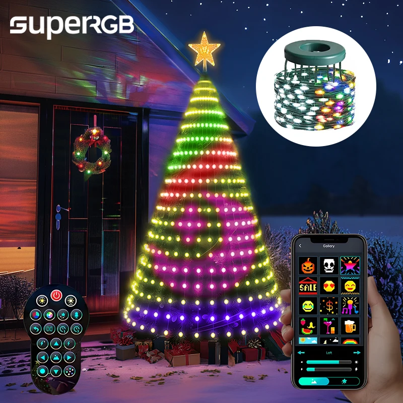 Luz de árbol de Navidad con aplicación inteligente, imágenes de texto de animación DIY, LED RGB, luz de hadas de árbol de Navidad, decoración de guirnalda de cascada, 2,1 M