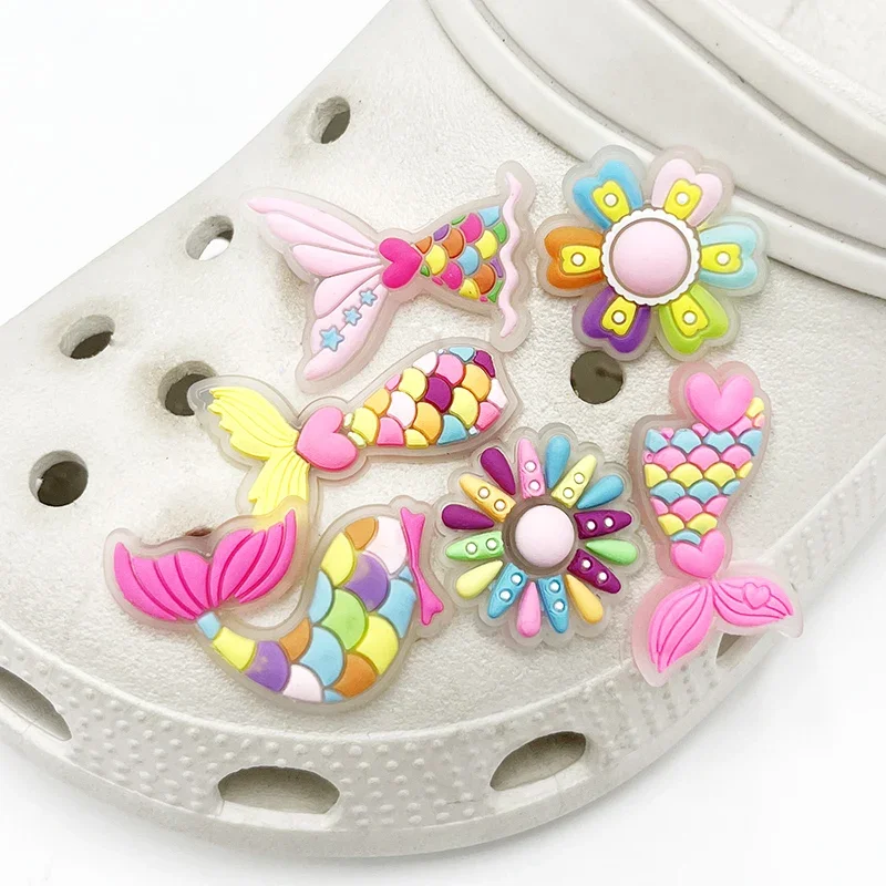 Transparent Fish Tail Shoe Charms Sandals Accessories Rainbow Flowers Shoes Buckle Decorations Clogs Pins Badges Unisex Gift