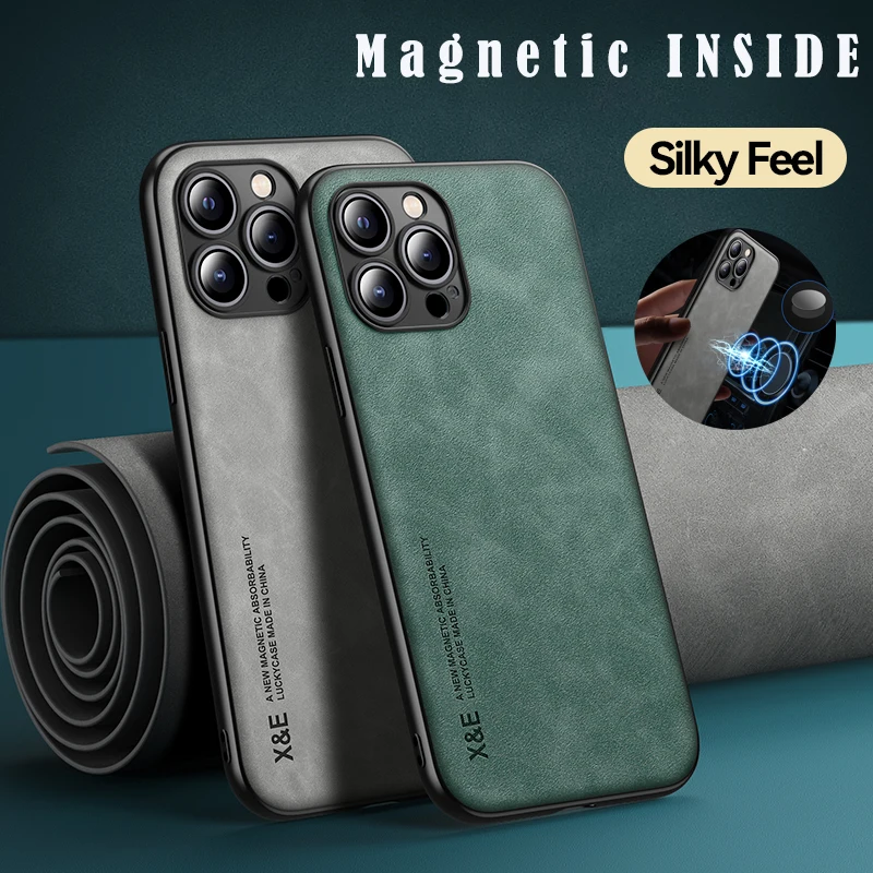 Build-in Magnetic Luxury Leather Phone Case For iPhone 14 13 12 11 Pro Max Mini X XR XS Max 7 8 Plus SE Matte Slim Back Cover