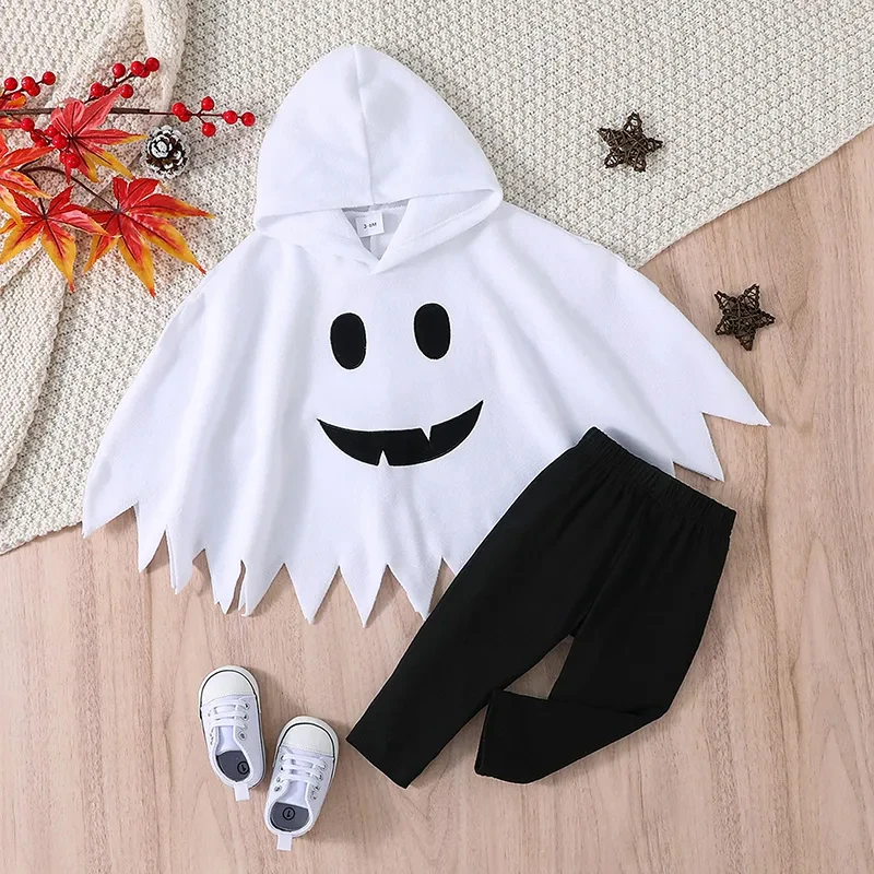 Toddler Girls Boys Fall Outfits Ghost Smiling Face Print Cloak Hoodies and Long Pants 2Pcs Halloween Clothes Set