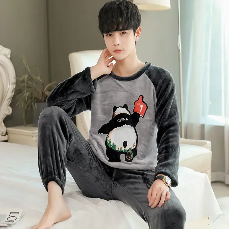 Set Coral Thickened Flannel Winter Sleepwear Sets Sleeve Pajamas Warm Cartoon Nightwear Lounge Fleece Men For Men's Long