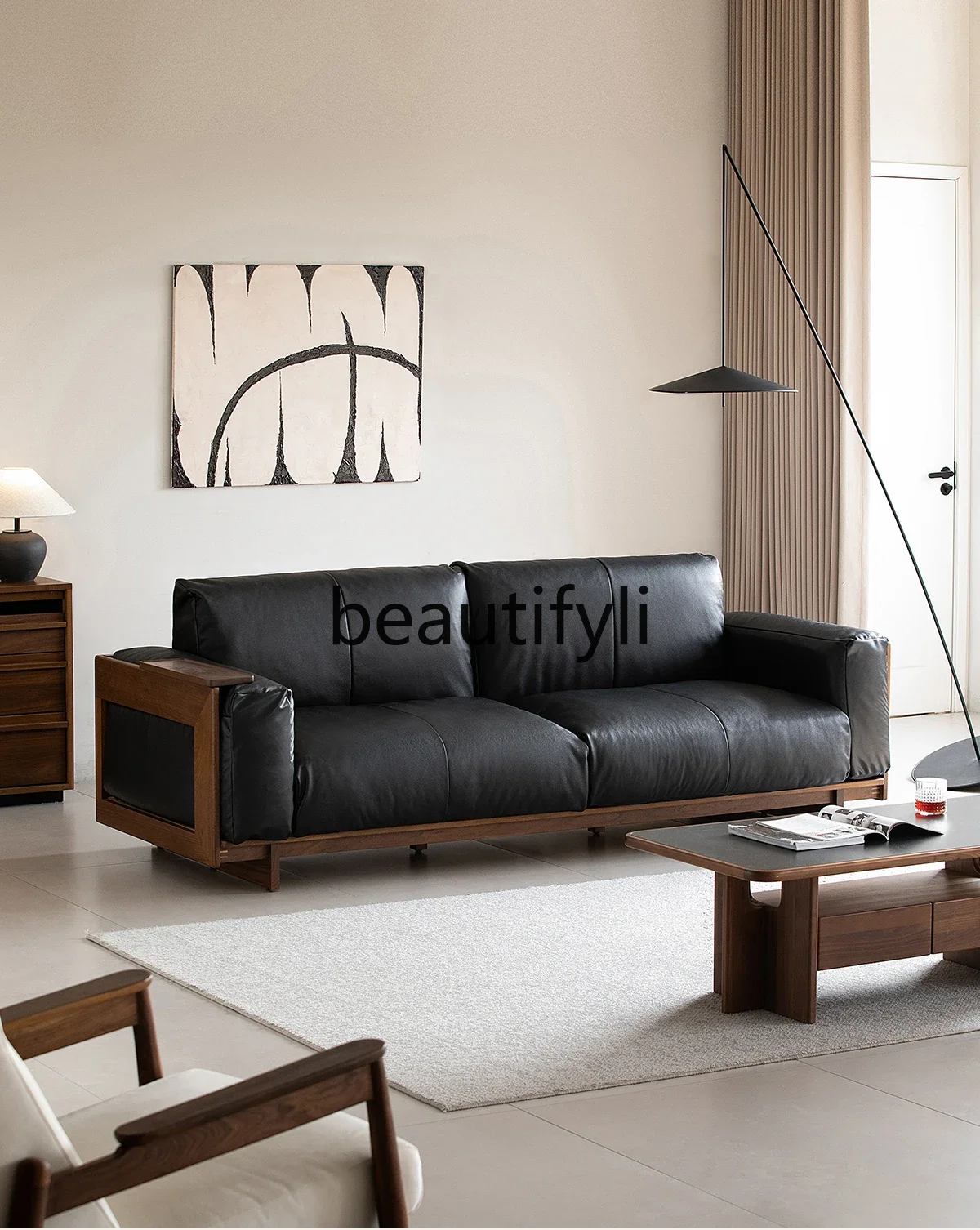 

Leather sofa black first layer cowhide living room solid wood medieval small apartment simple new walnut6239