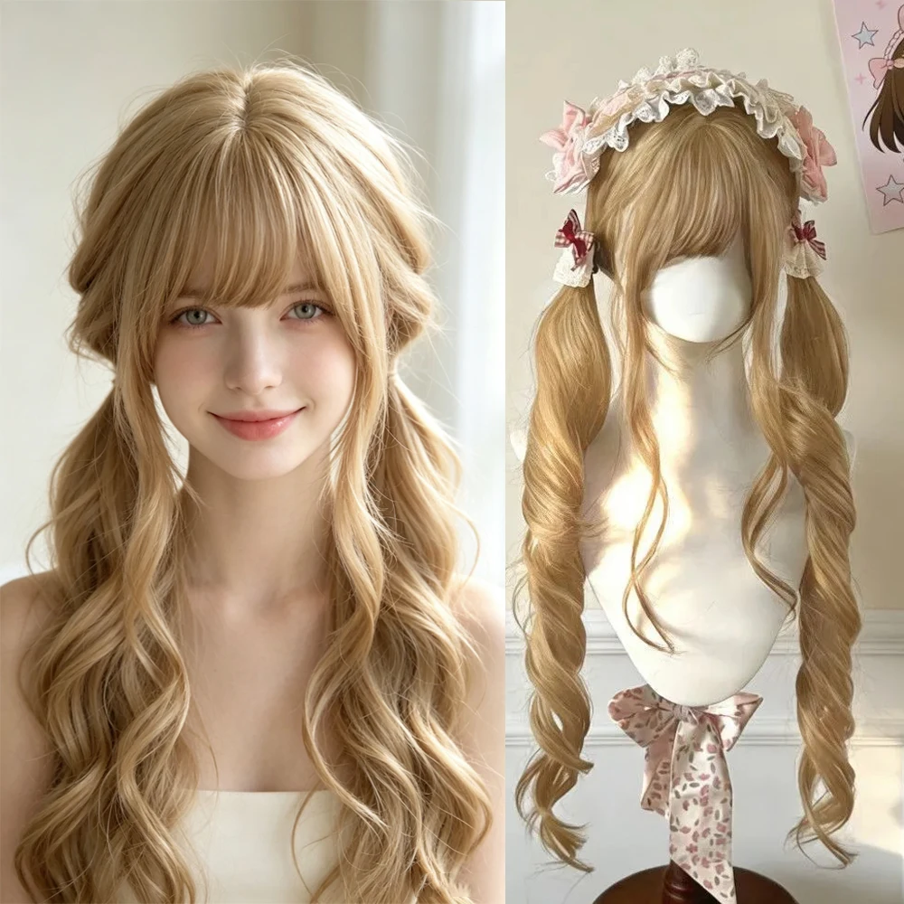 Platinum Blonde Cosplay Wigs with Bangs Cool Brown Long Curly Hair Wig Woman Party Cosplay Wig for Daily Party Wig Heat Resistan