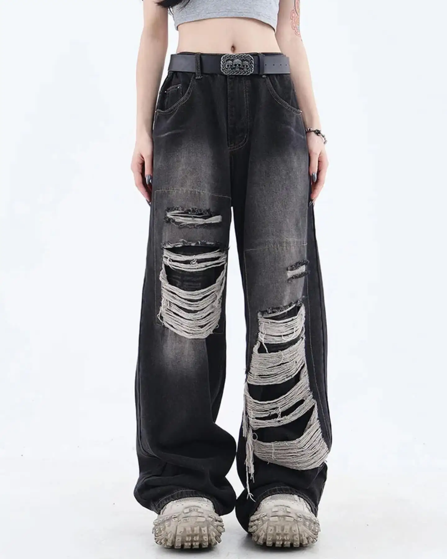 Blue Ripped Jeans for Women Slouchy Harajuku Y2k Pants New Hip Hop Punk Baggy Jeans Women Wide Leg Straight Trousers Streetwear