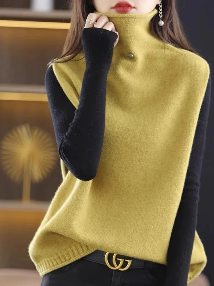 เสื้อกั๊กไหมพรมถักทรงหลวม สวมใส่สบาย อุ่นสบาย เหมาะสำหรับใส่ไปทำงาน แขนยาว คอสูง ชิ้นเดียว สำหรับฤดูใบไม้ร่วง ปี 2025  สี