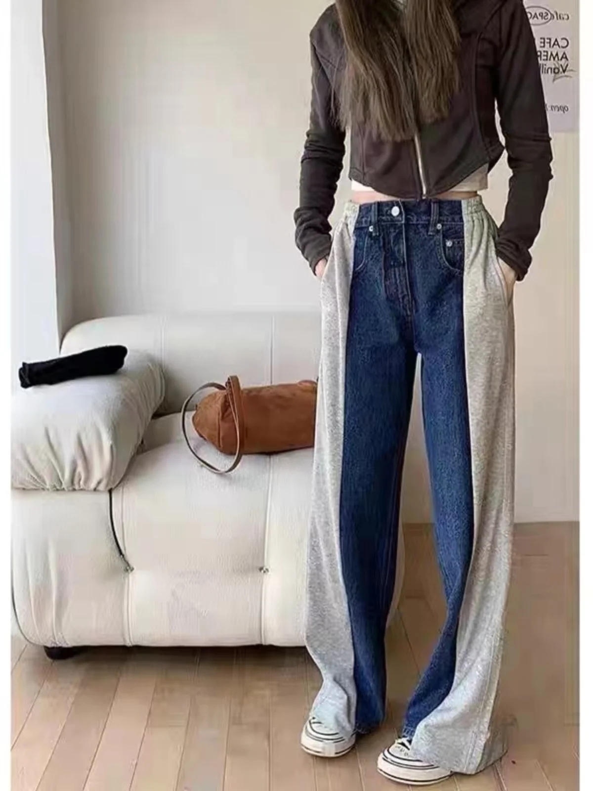 

Retro Waed Denim Wide Leg Pants Women's Faionable Mosaic Color Casual High Waist Straight Long Trousers