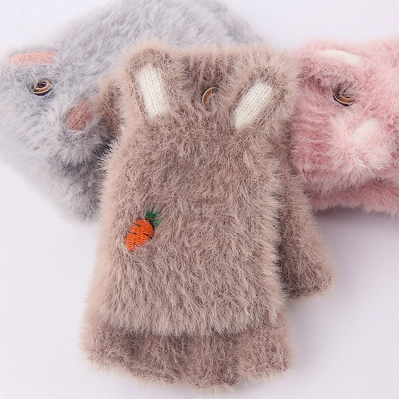 Guanti invernali Flip Guanti senza dita convertibili con ricamo a carota Foderati in pile Termico Simpatico cartone animato Essenziale a prova di freddo