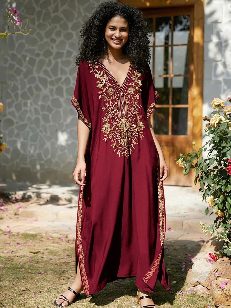 KHALEE YOSE-Boho vestido maxi bordado floral para mulheres, vestido de verão solto de rayon meia manga, Split Hippie, vestidos étnicos vocacionais vintage