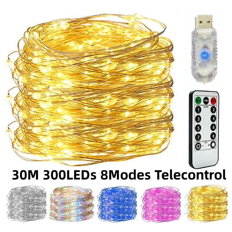 Fio de cobre de controle remoto usb corda de luz de baixa tensão 10m/20m/30m 300leds 8 função natal led corda de luz de fio de cobre