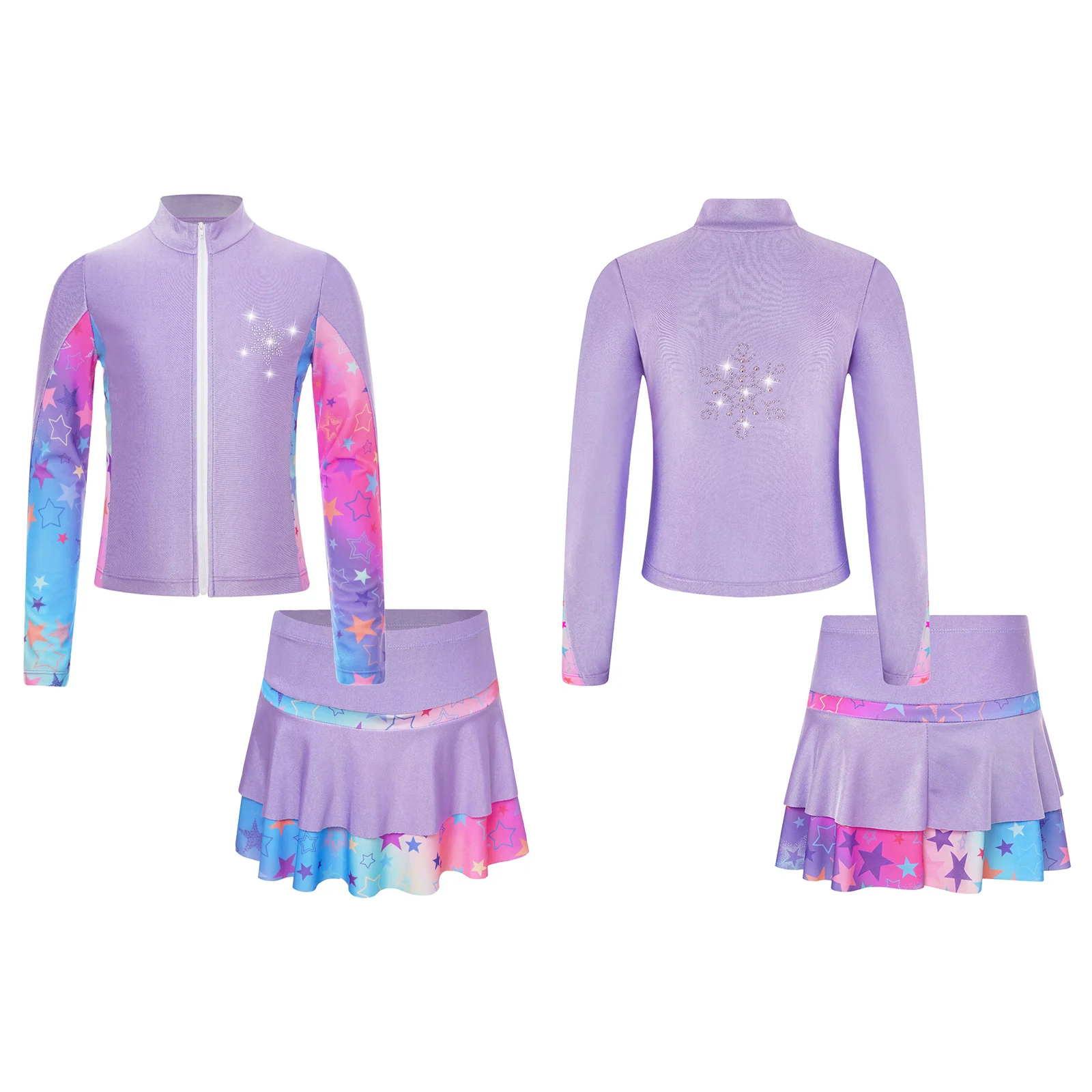 Kids Girls Figure Skating Costumes Sparkly Rhinestone Roller Ice Skating Jacket and Skater Skirt Athletic Golf Tennis Skort Set