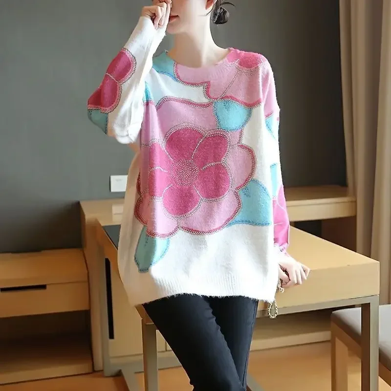 

Printed foreign pink knit sweater sweater women outside wear lazy style loose tops new design sense 2024 spring and fall