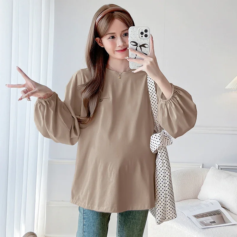 

Japanese Style Pregnant Woman Autumn Hoodies Solid Color Long Sleeve O-neck Plus Size Maternity Clothes Lantern Sleeves Top Tees