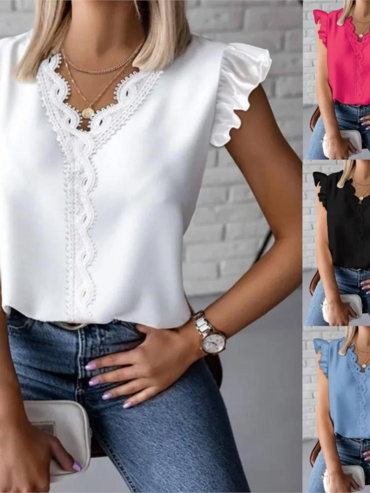 Summer Sexy V Neck Sleeveless Lace Patchwork Blouse Shirts Elegant Women Fashion White Ruffle Casual Loose Blouse Tops Female